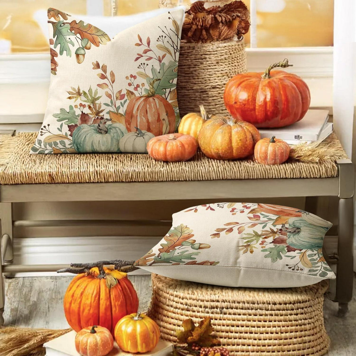 Herbst Kissenbezug 50x50 - 2er Set Kürbis Deko Leinen