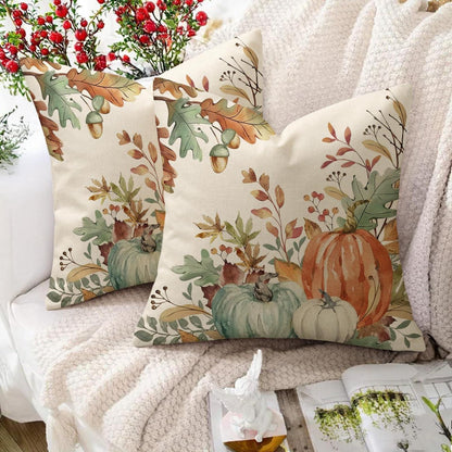 Herbst Kissenbezug 50x50 - 2er Set Kürbis Deko Leinen