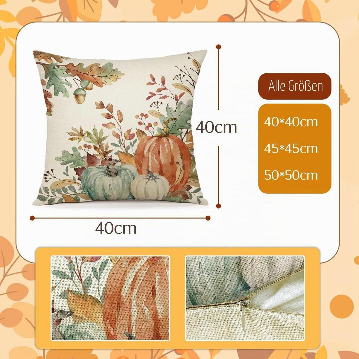 Herbst Kissenbezug 50x50 - 2er Set Kürbis Deko Leinen