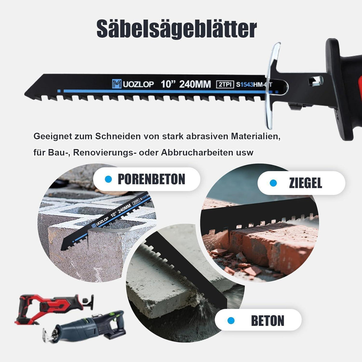 Säbelsägeblatt Stein Hartmetall 240mm für Beton Ziegel Metall
