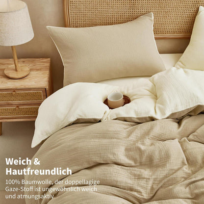 Doppelte Muslin Bettwäsche 200x220 Khaki/Hellbeige – 3-teilig