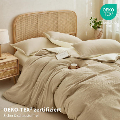 Doppelte Muslin Bettwäsche 200x220 Khaki/Hellbeige – 3-teilig