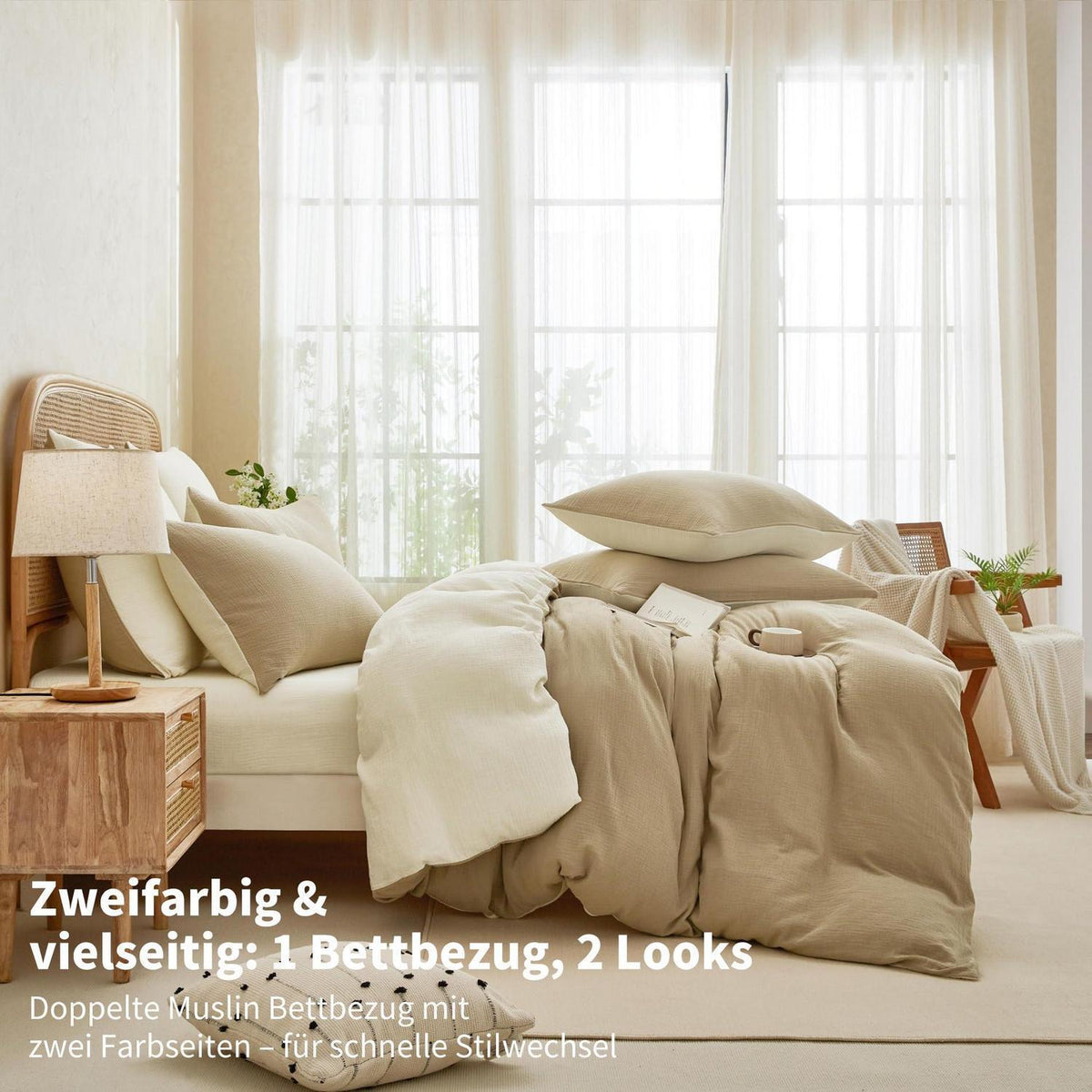 Doppelte Muslin Bettwäsche 200x220 Khaki/Hellbeige – 3-teilig
