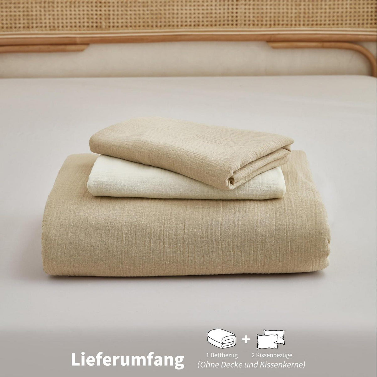 Doppelte Muslin Bettwäsche 200x220 Khaki/Hellbeige – 3-teilig