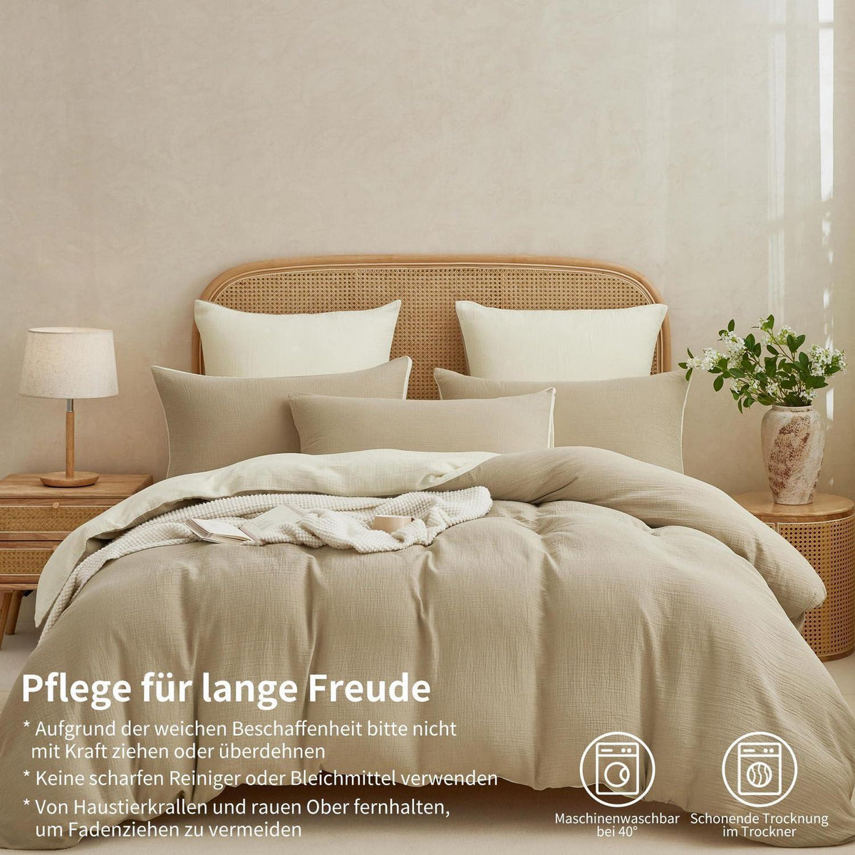 Doppelte Muslin Bettwäsche 200x220 Khaki/Hellbeige – 3-teilig