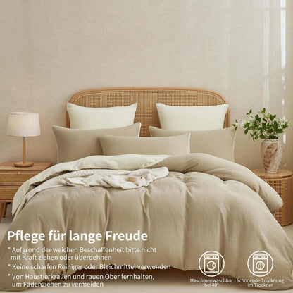 Doppelte Muslin Bettwäsche 200x220 Khaki/Hellbeige – 3-teilig