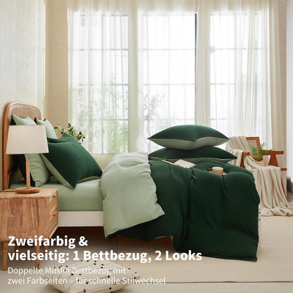 Doppelte Muslin Bettwäsche 200x200 Dunkelgrün - 3-teilig