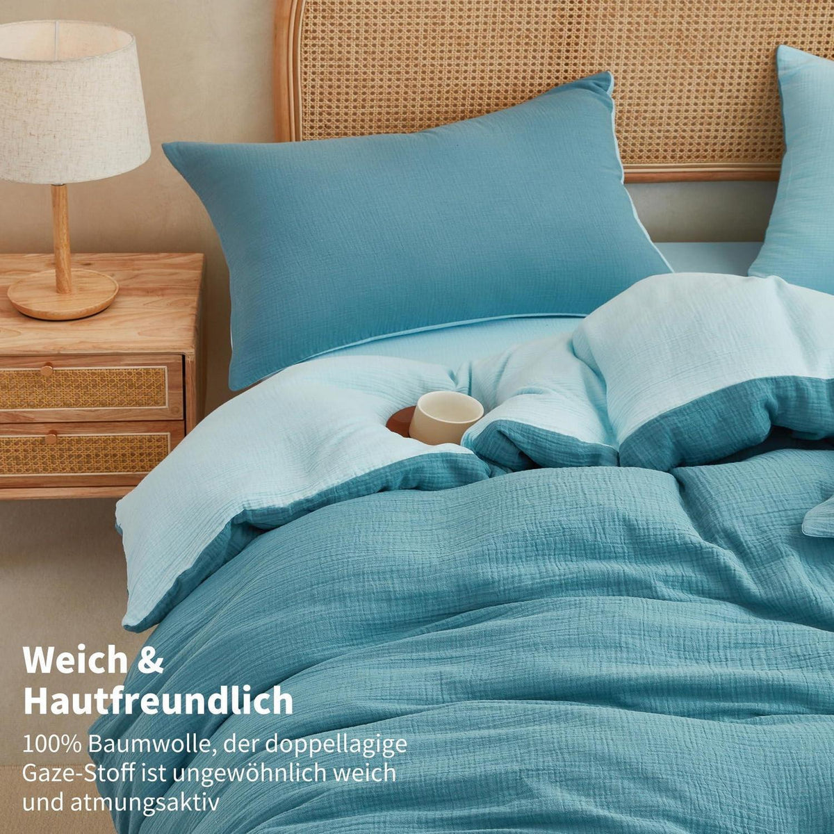 Doppelte Muslin Bettwäsche 200x220 Petrol Blau – 3-teilig