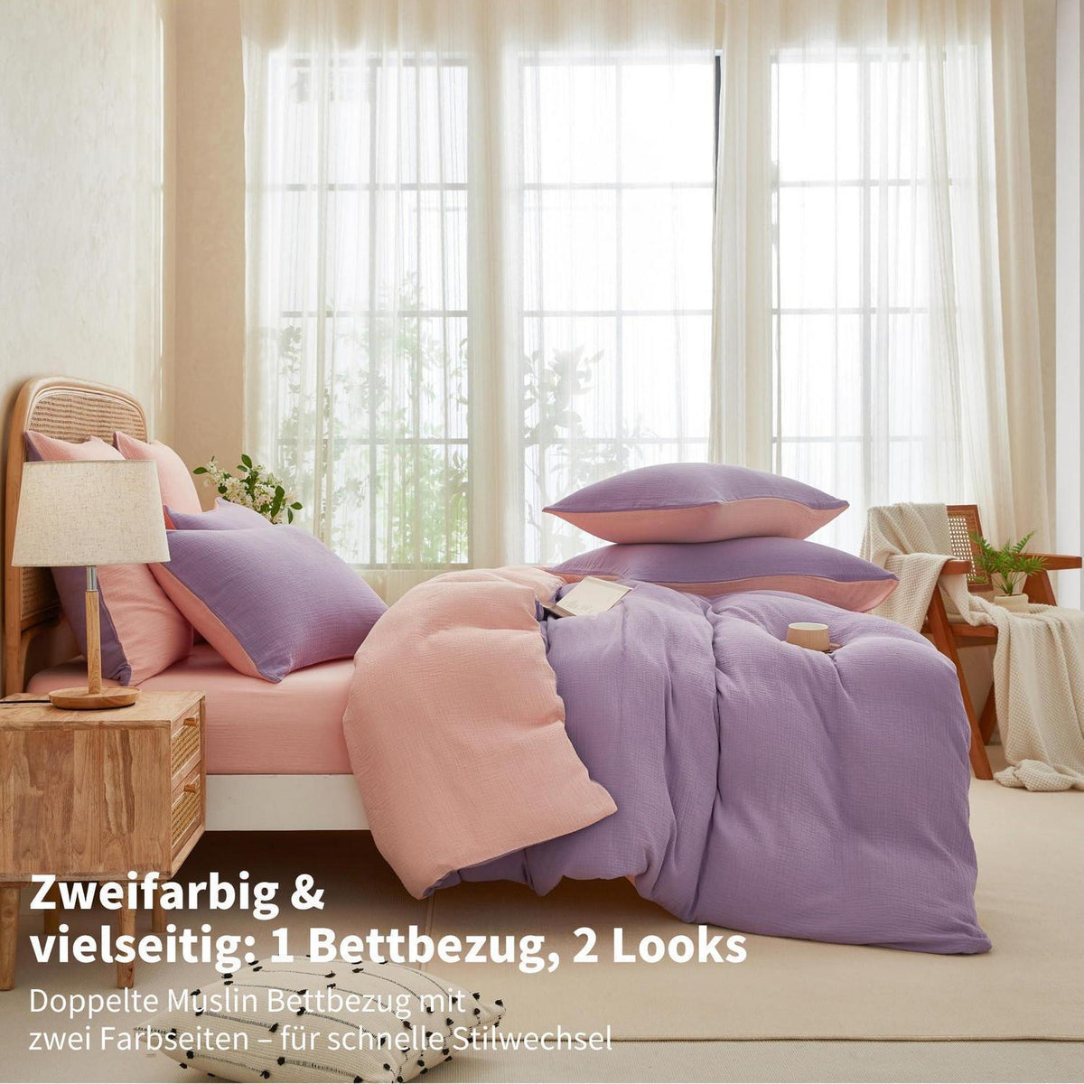 Doppelte Muslin Bettwäsche Lila Rosa 220x240 - 3-teilig