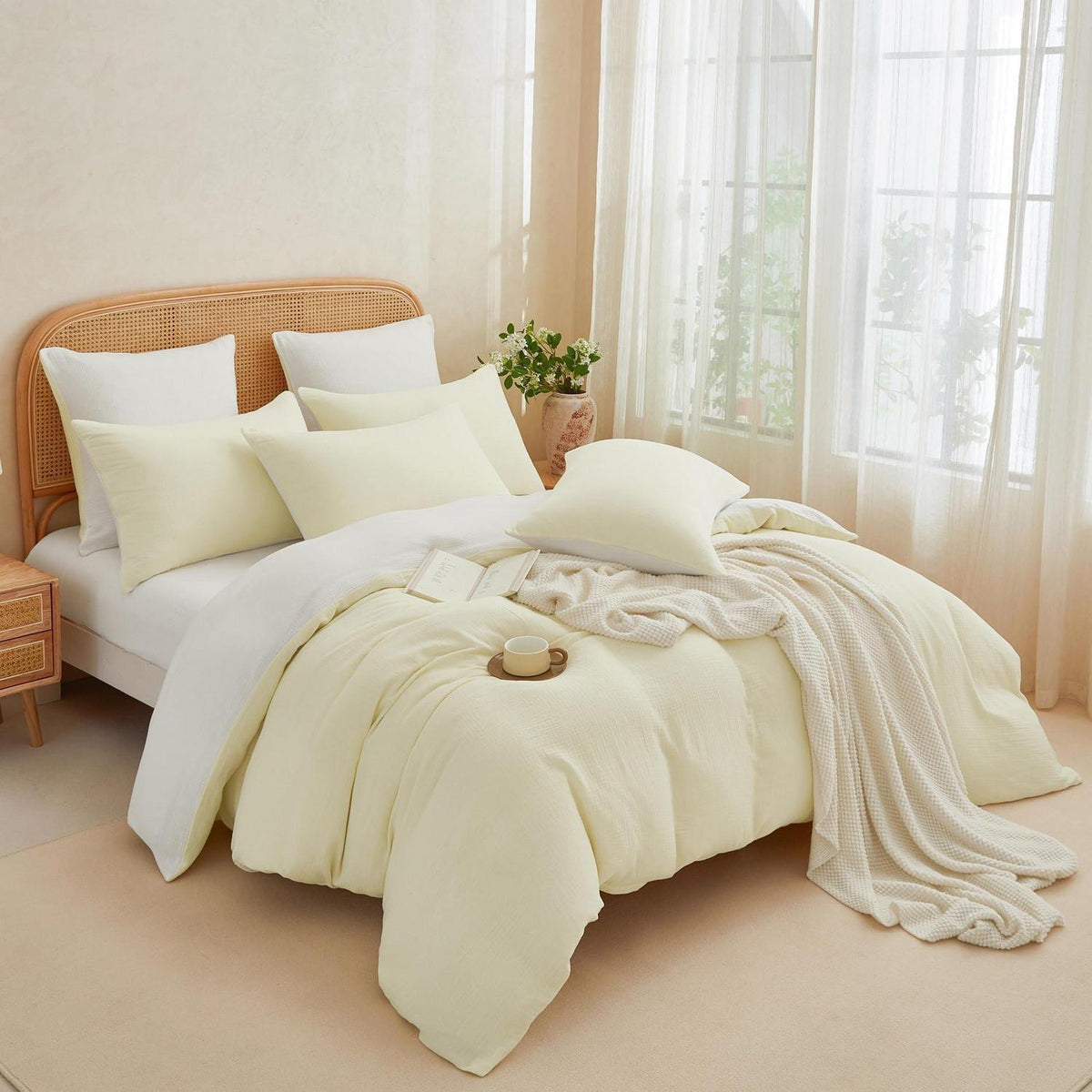 Doppelte Muslin Bettwäsche 200x220 Hellbeige Weiß – 3-teilig