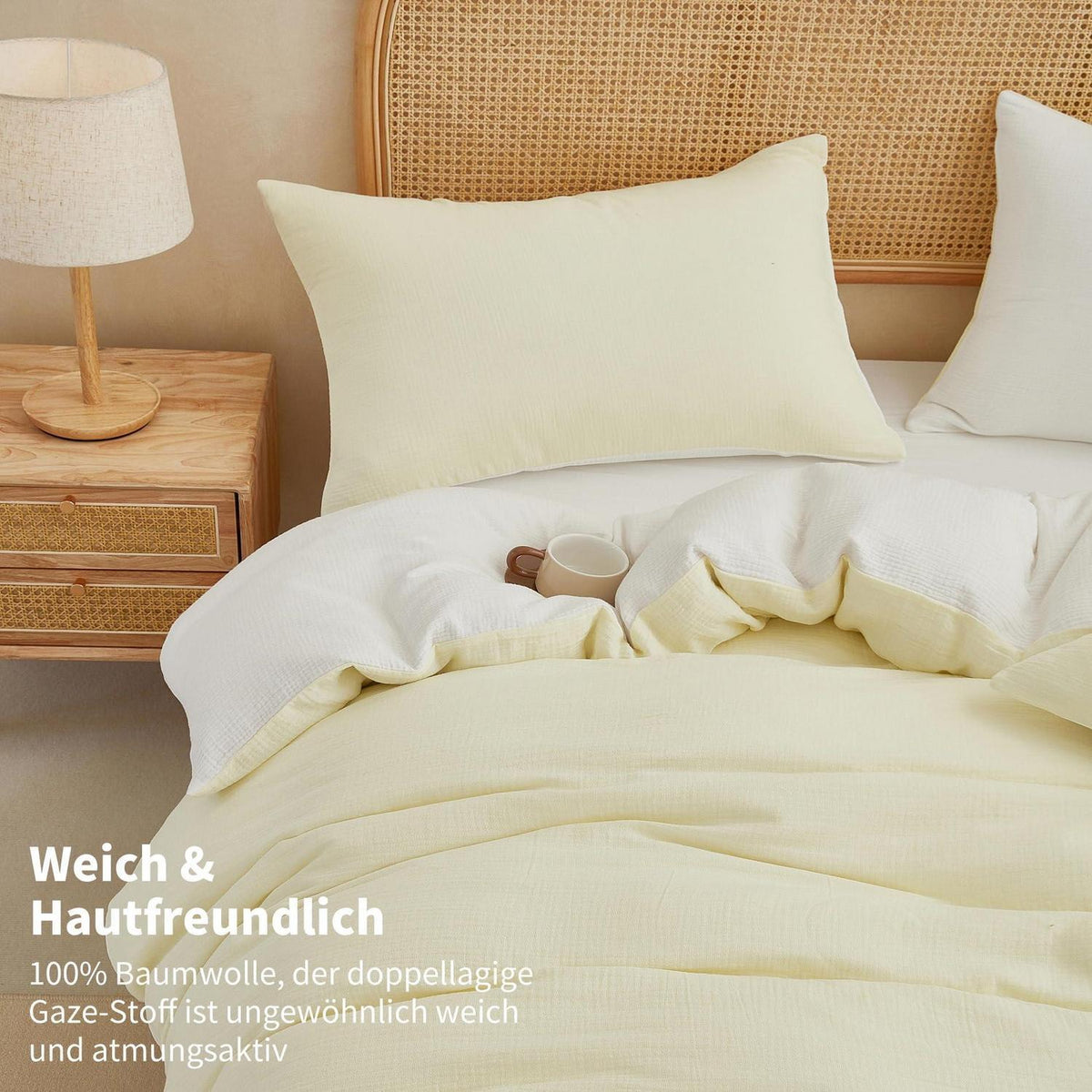 Doppelte Muslin Bettwäsche 200x220 Hellbeige Weiß – 3-teilig