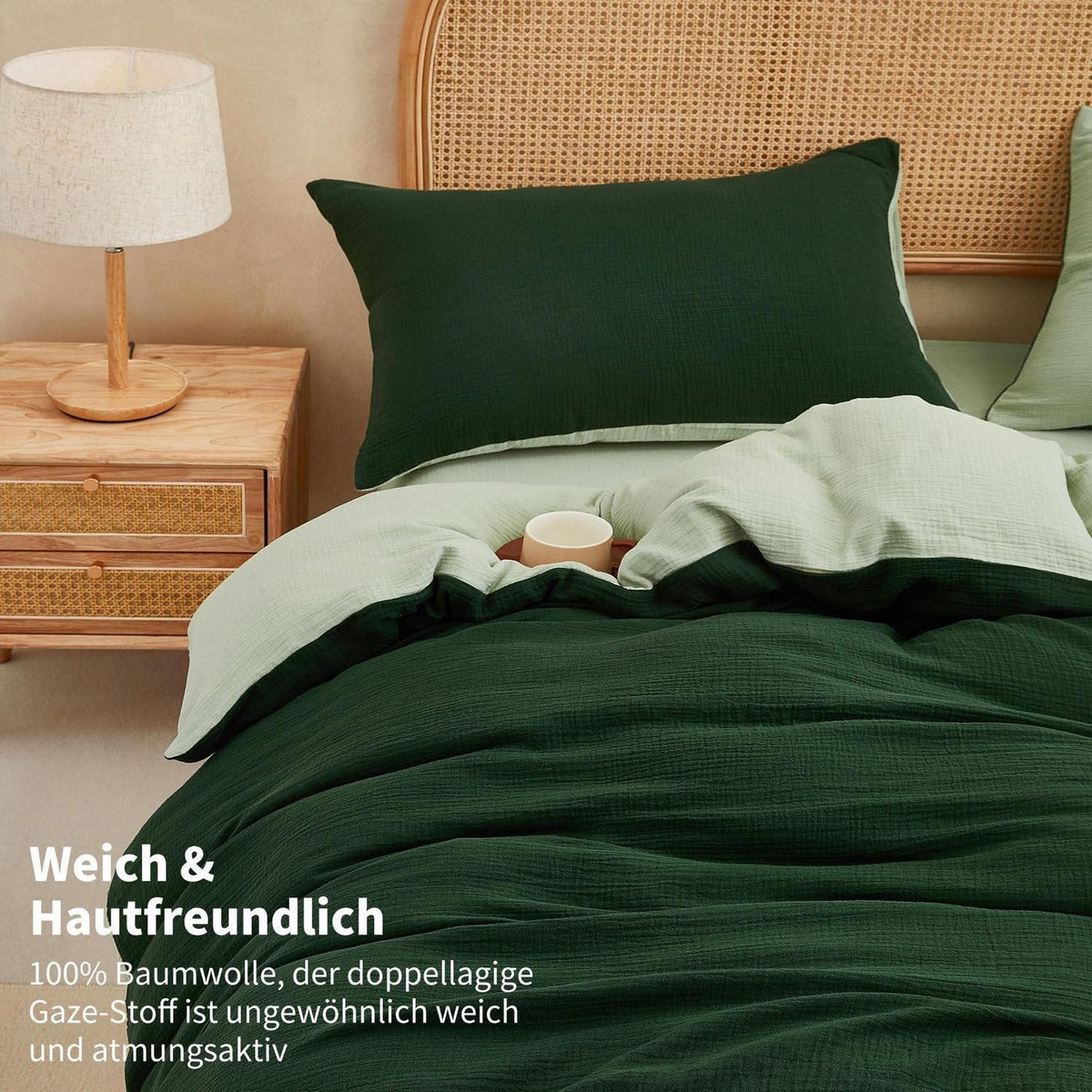 Doppelte Muslin Bettwäsche Dunkelgrün 220x240 - 3-teilig