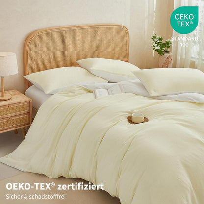 Doppelte Muslin Bettwäsche 200x200 Hellbeige Weiß – 3-teilig