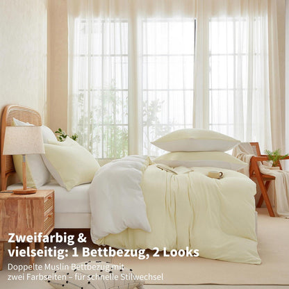 Doppelte Muslin Bettwäsche 200x200 Hellbeige Weiß – 3-teilig