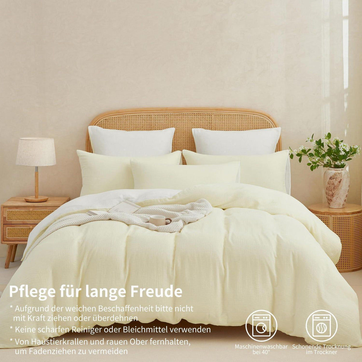 Doppelte Muslin Bettwäsche 200x200 Hellbeige Weiß – 3-teilig