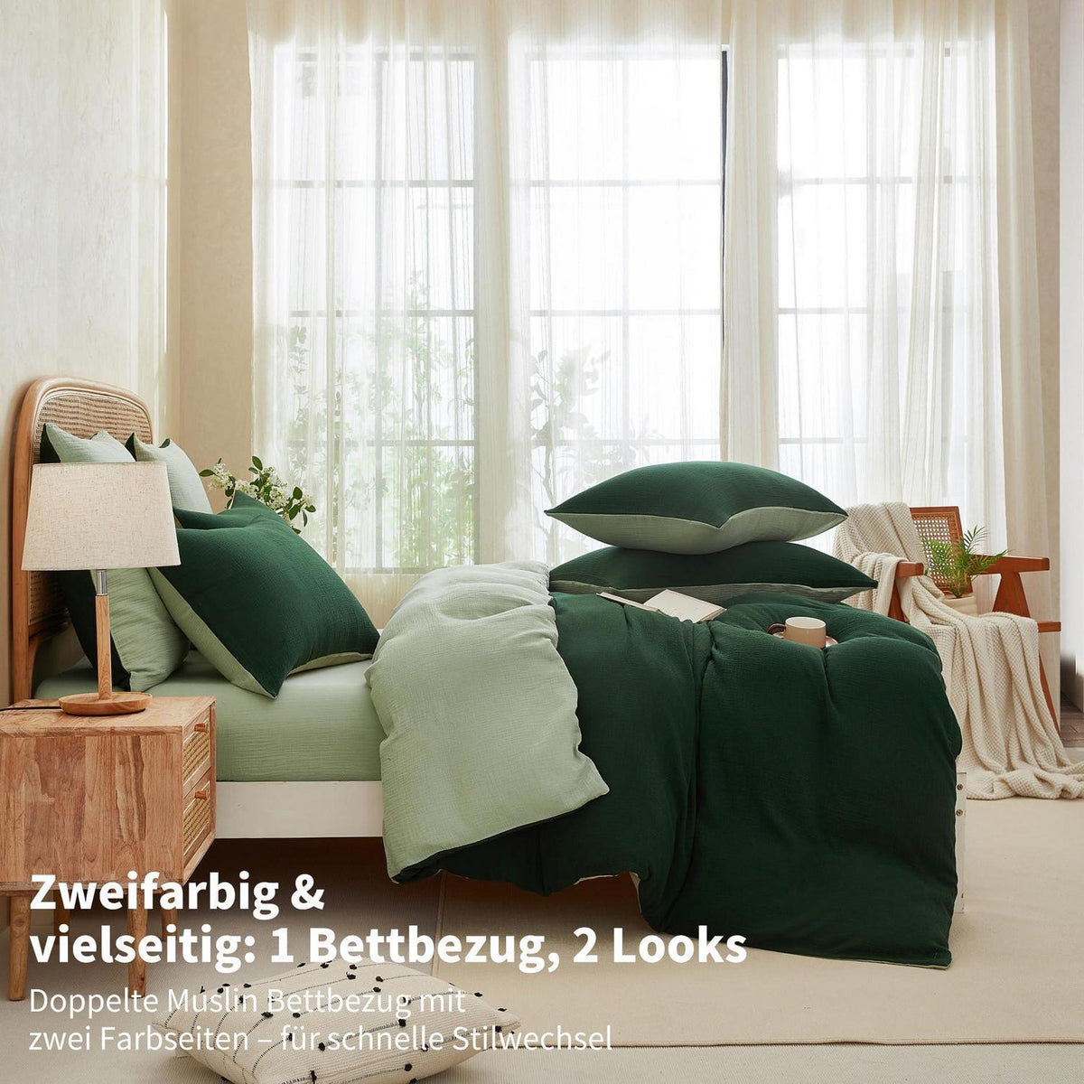 Doppelte Muslin Bettwäsche Dunkelgrün 155x220 cm - 3-teilig