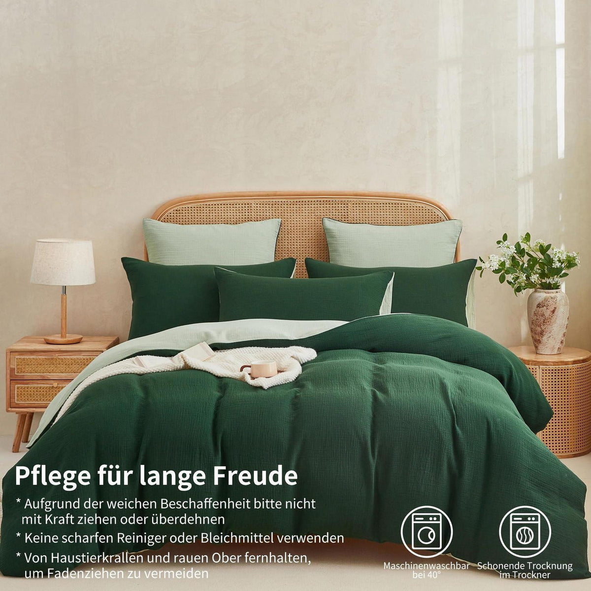 Doppelte Muslin Bettwäsche Dunkelgrün 155x220 cm - 3-teilig
