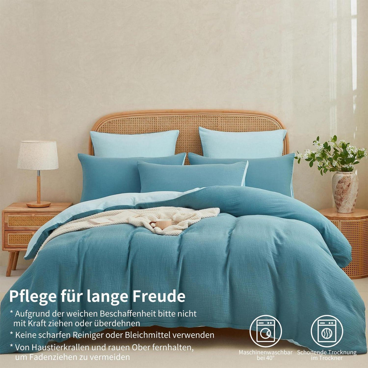 Doppelte Muslin Bettwäsche 220x240 Petrol Blau – 3-teilig