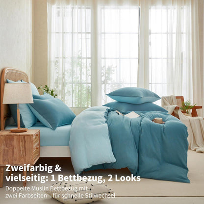 Doppelte Muslin Bettwäsche Petrol Blau 155x220 cm - 3-teilig