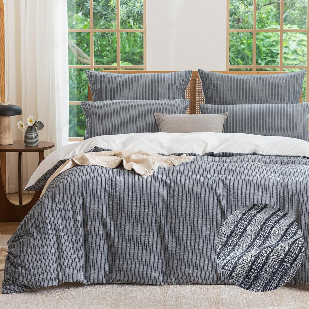 Bettwäsche-Set 135x200 Baumwolle Grau Blau 4tlg. Jacquard & Stone Wash