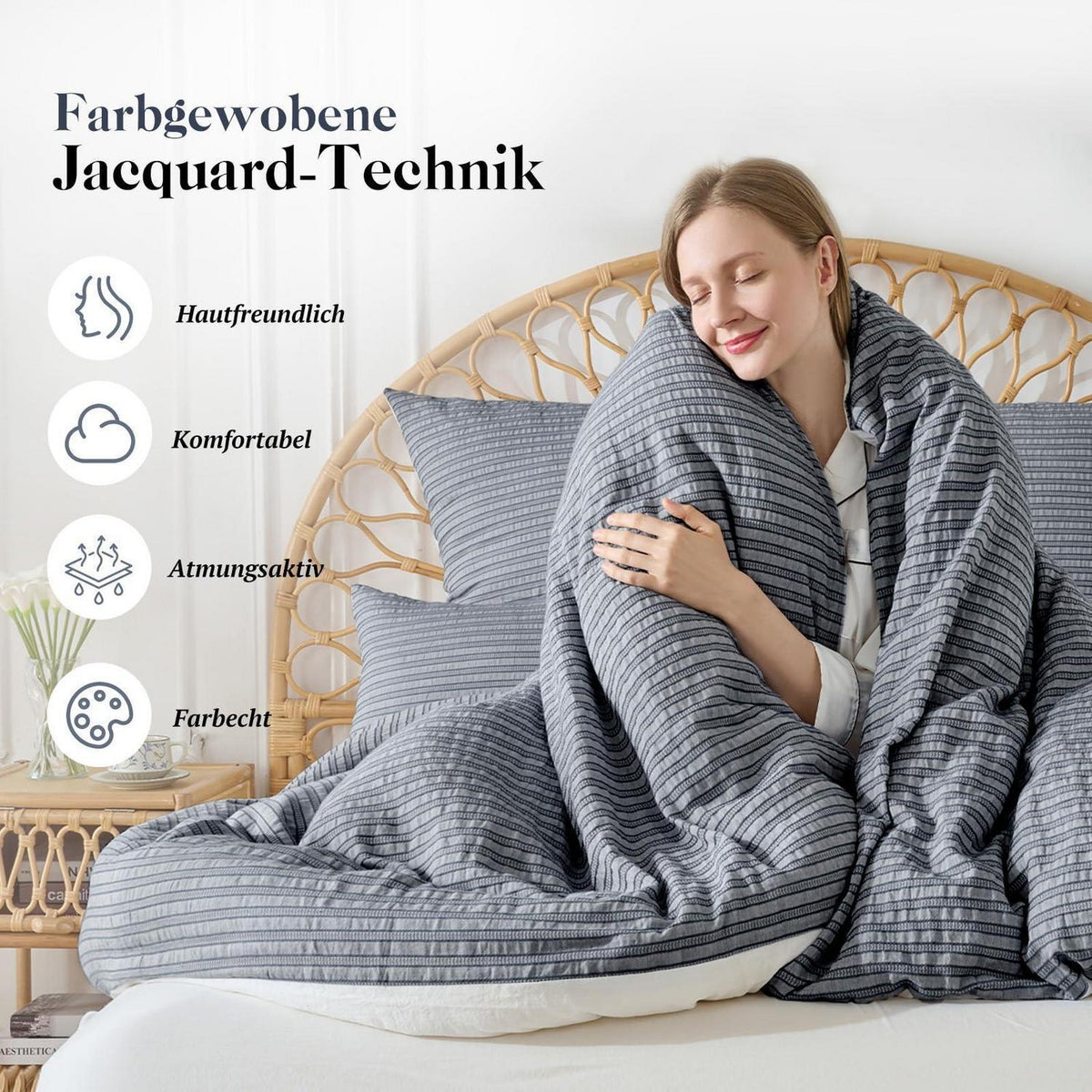 Bettwäsche-Set 135x200 Baumwolle Grau Blau 4tlg. Jacquard & Stone Wash