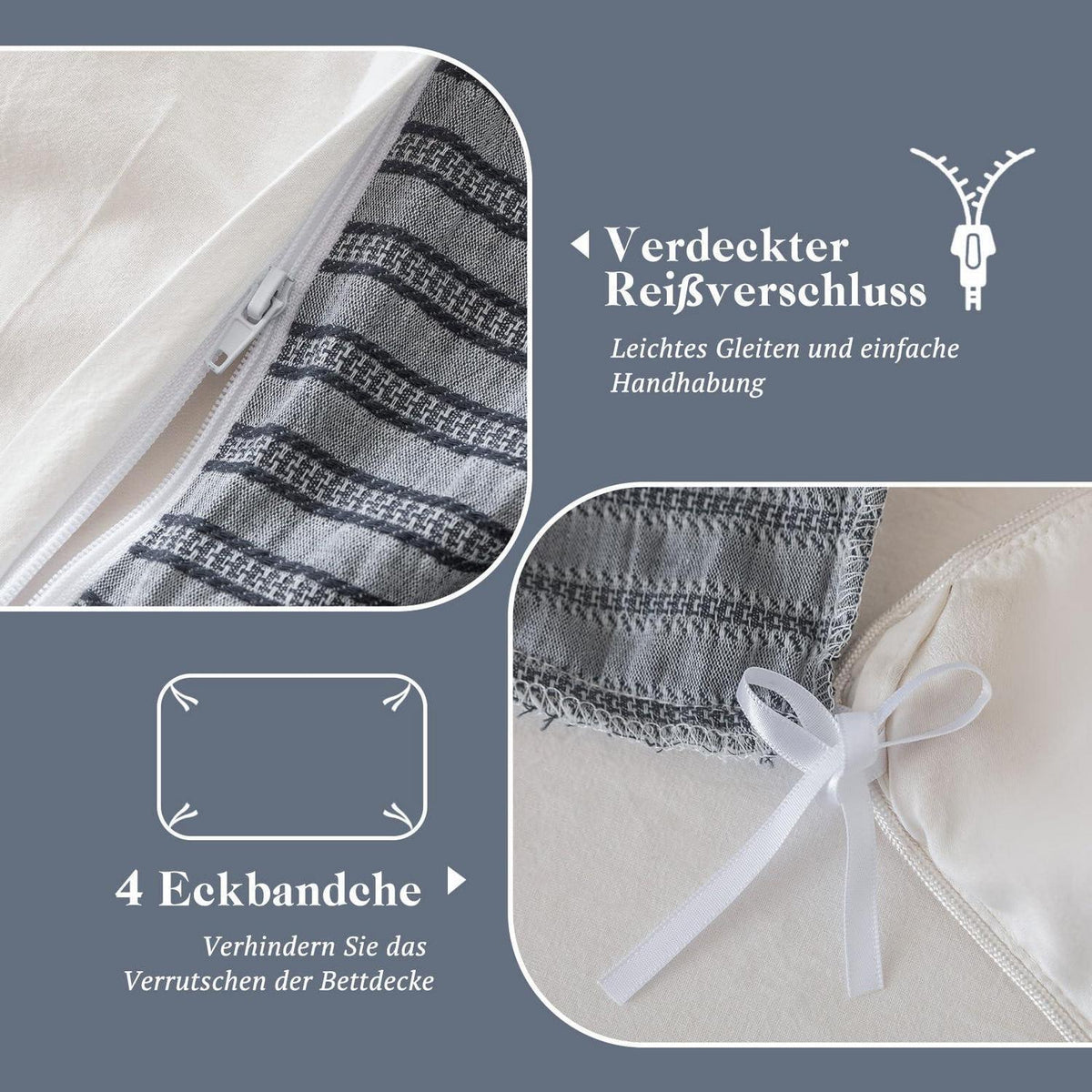 Bettwäsche-Set 135x200 Baumwolle Grau Blau 4tlg. Jacquard & Stone Wash