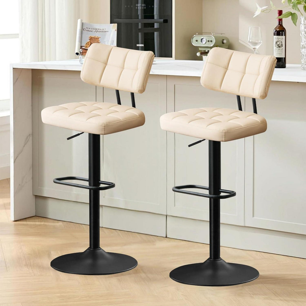 Barhocker Set 2er – Höhenverstellbar, Beige in Lederoptik