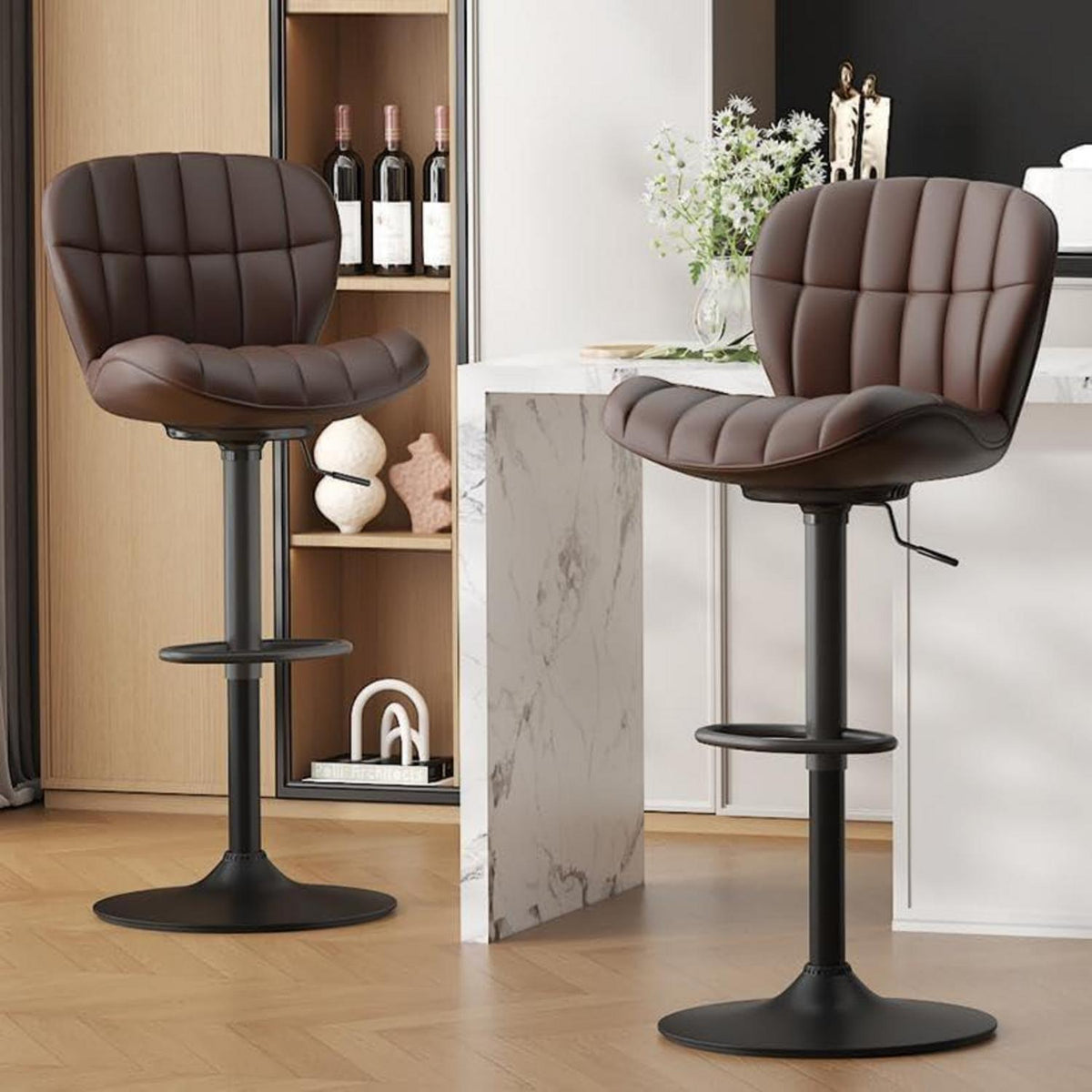 Barhocker Set 2x Höhenverstellbar Braun in Lederoptik