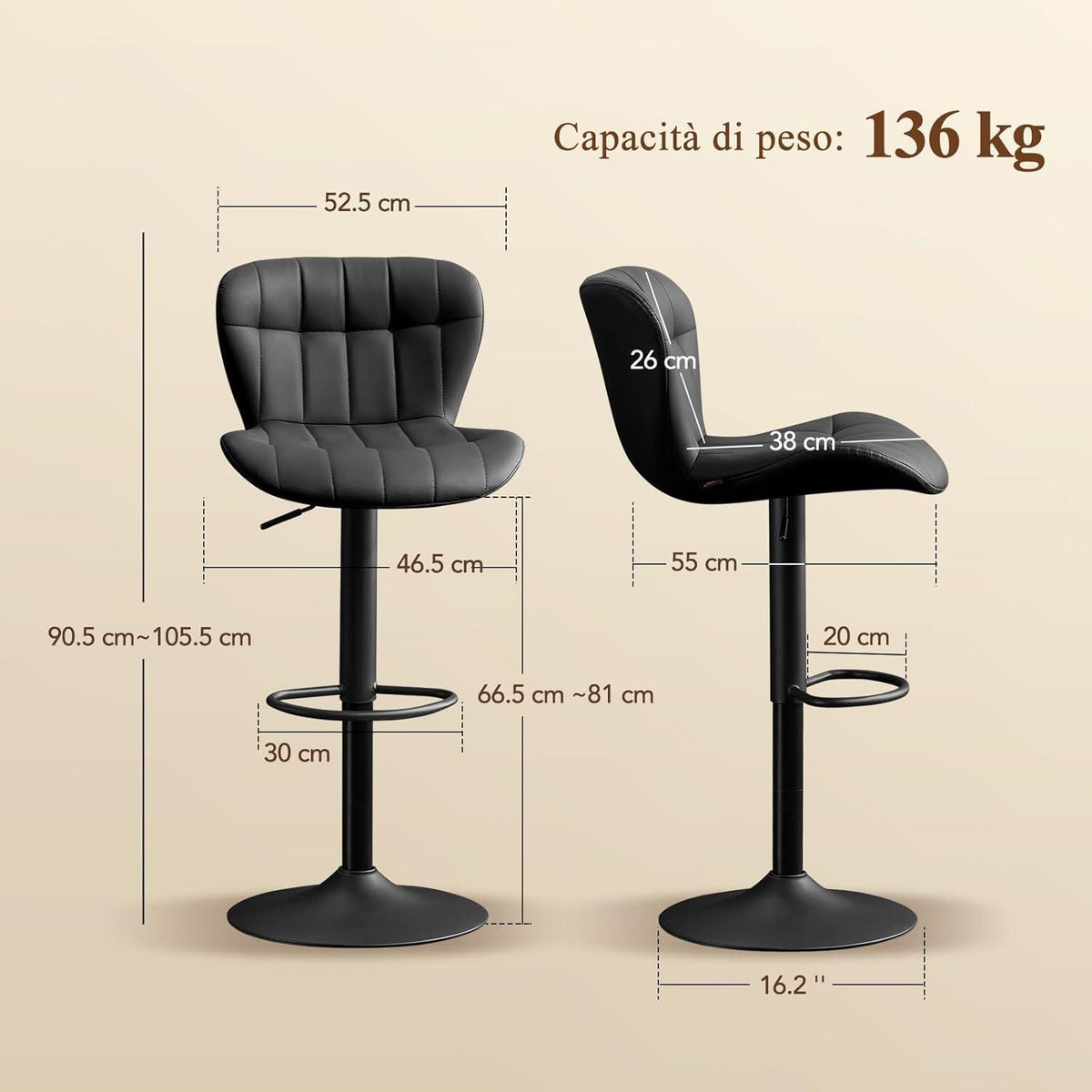 Barhocker Set 2x, Höhenverstellbar, Schwarz in Lederoptik