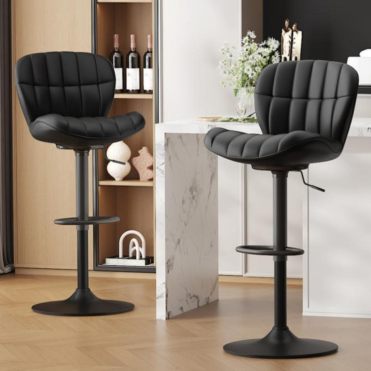 Barhocker Set 2x, Höhenverstellbar, Schwarz in Lederoptik