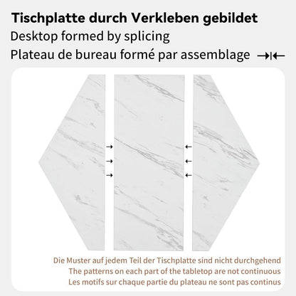 Moderner sechseckiger Esstisch mit Marmorplatte & Goldgestell