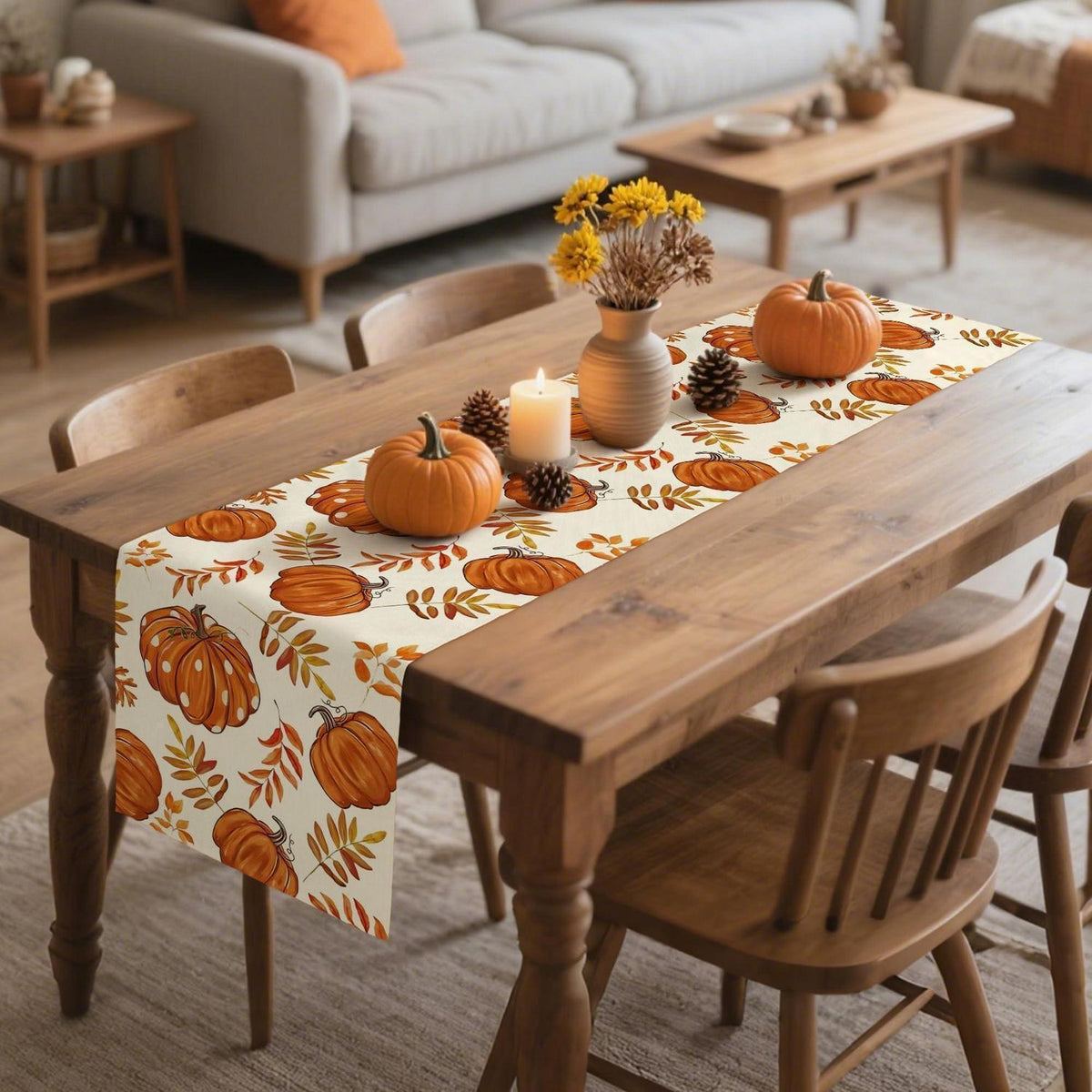 Herbst Tischläufer 40x180cm – Orange Leinen Deko Kürbis Design