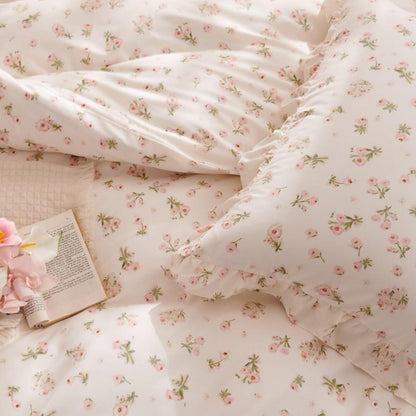 Rüschen Bettwäsche Set Rosa Blumen 135x200/80x80