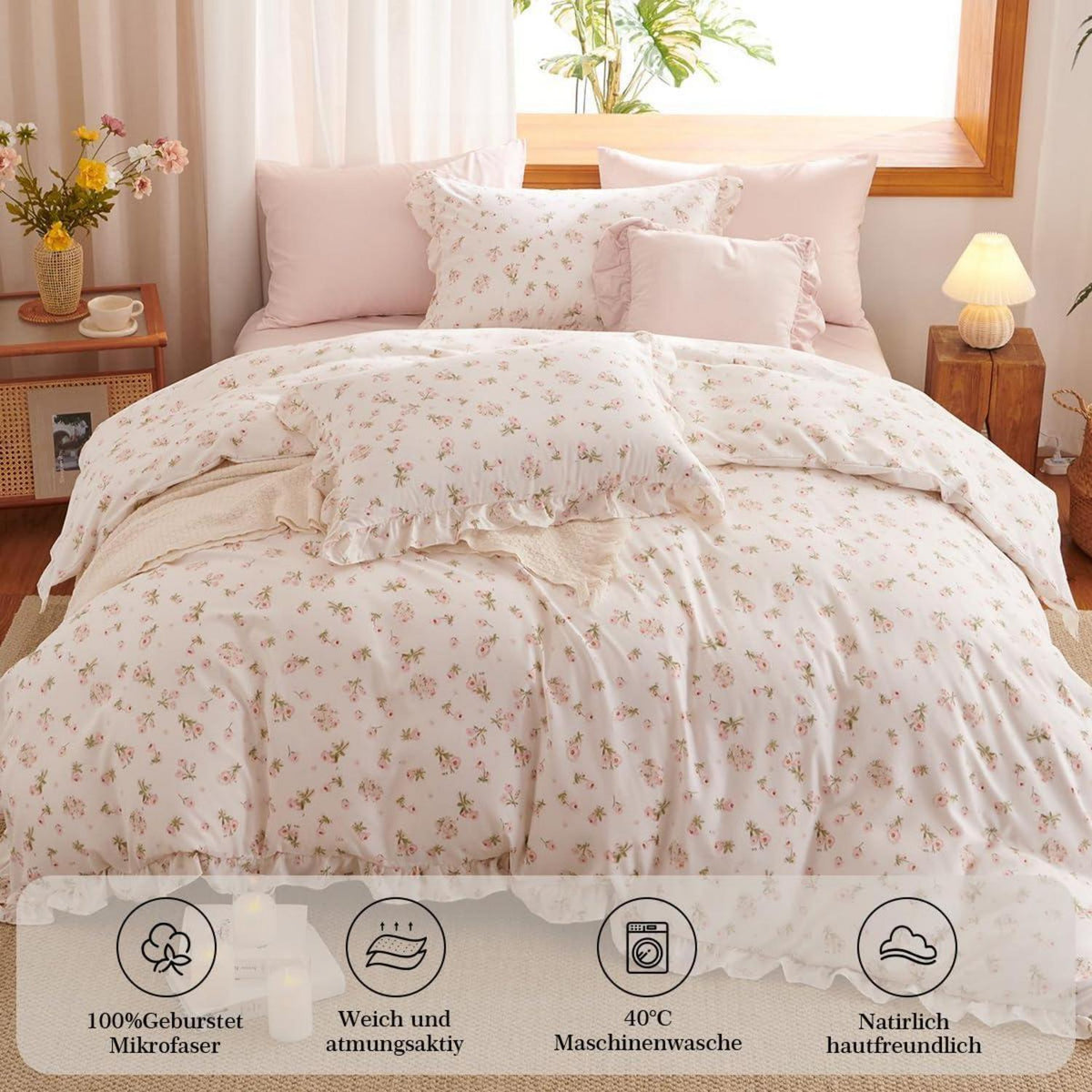 Rüschen Bettwäsche Set Rosa Blumen 200x200 + 2x80x80