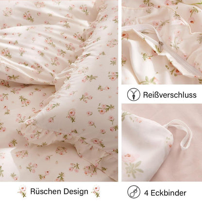 Rüschen Bettwäsche Set Rosa Blumen 200x200 + 2x80x80