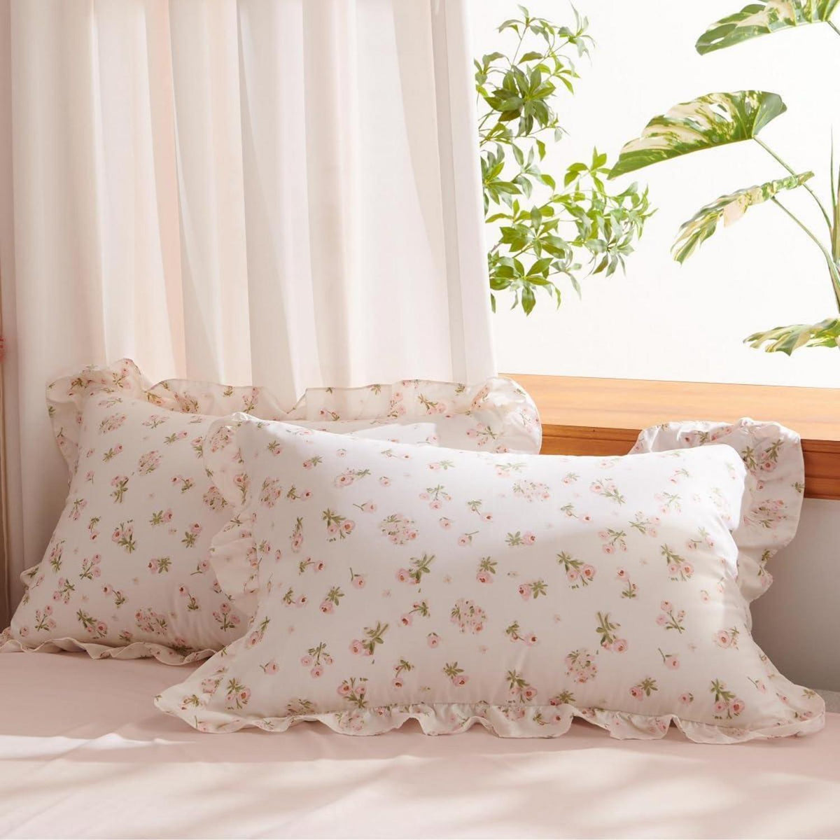 Rüschen Bettwäsche Set Rosa Blumen 200x200 + 2x80x80