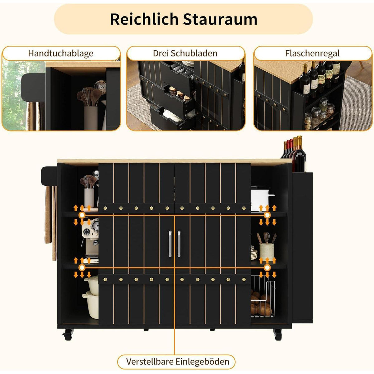 Kücheninsel mit ausziehbarer Arbeitsplatte & Stauraum Schwarz
