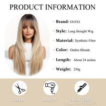 Ombre Blonde Perücke mit Pony, lange synthetische Haare