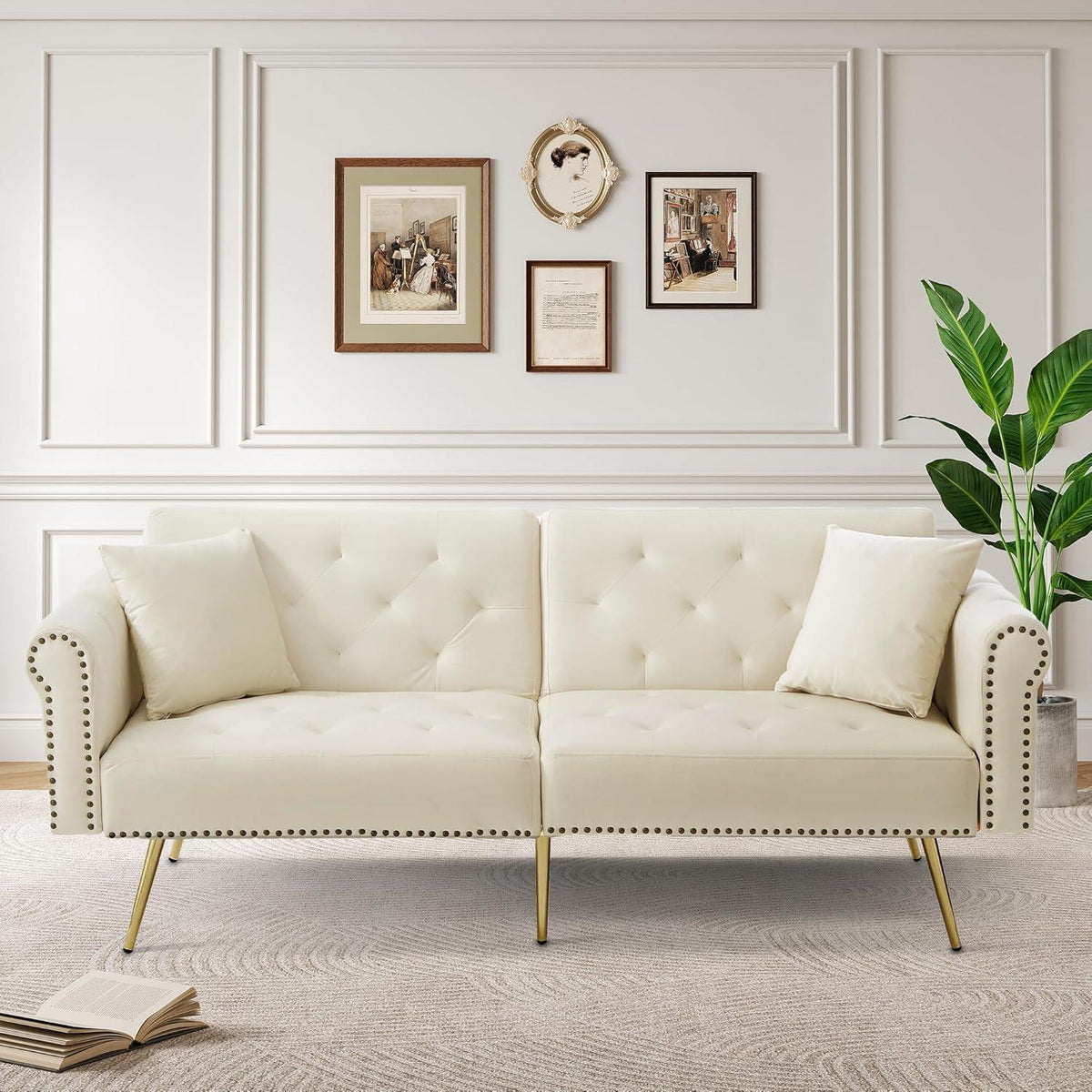 Zweisitzer Schlafsessel Beige Samt mit Verstellbarer Lehne
