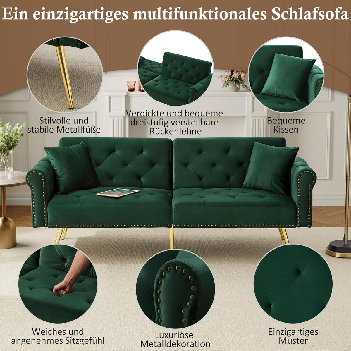 Zweisitzer Schlafsessel Grün, Samt Klappsofa mit Füßen