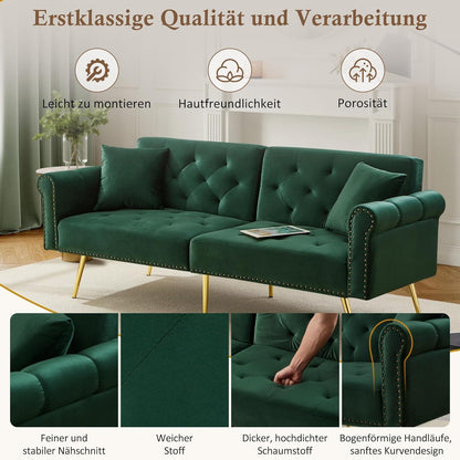 Zweisitzer Schlafsessel Grün, Samt Klappsofa mit Füßen