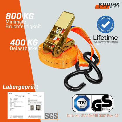 4 Spanngurte 4m, 800kg – Ratsche & S-Haken – Orange