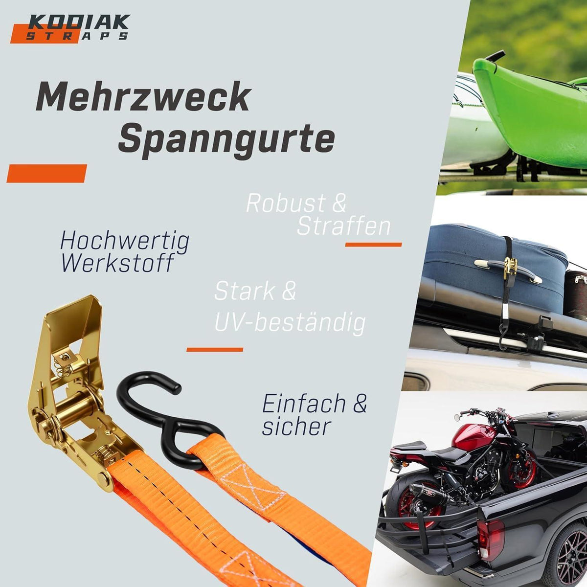 4 Spanngurte 4m, 800kg – Ratsche & S-Haken – Orange