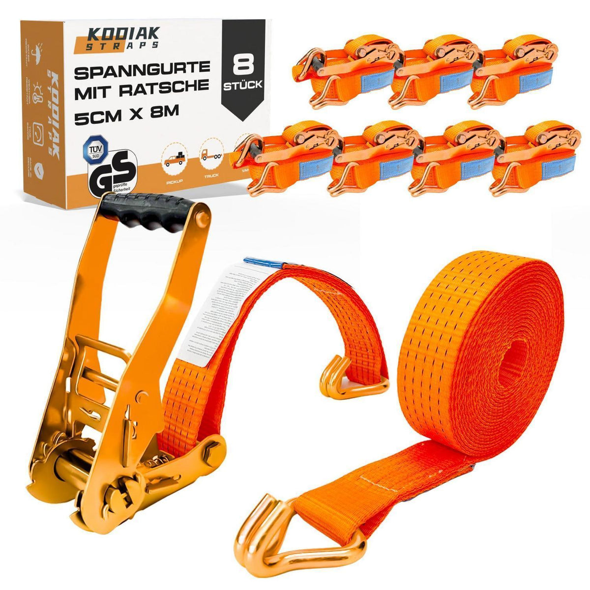 8 Spanngurte 8m | 5000kg Tragkraft | Orange Ratschengurt