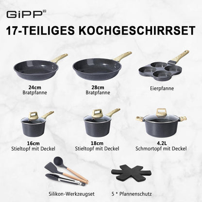 17-teiliges Topf- und Pfannenset mit Antihaftbeschichtung, für alle Herdarten