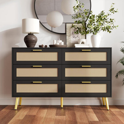 Rattan Kommode mit 6 Schubladen & goldenen Akzenten