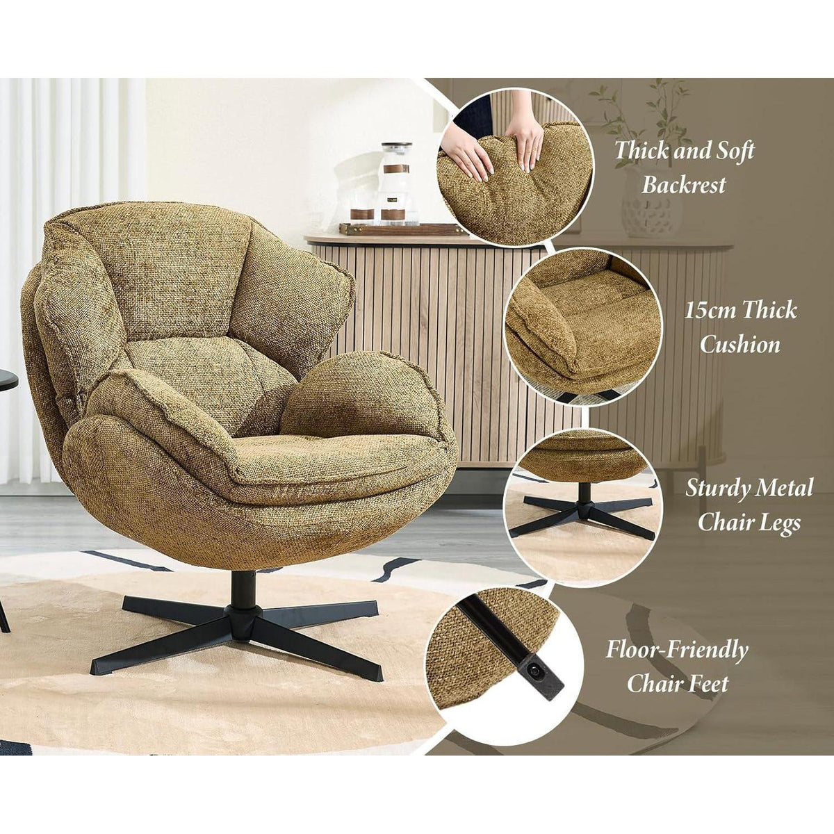Drehbarer Ohrensessel Chenille – Bequemer Loungesessel Gelb