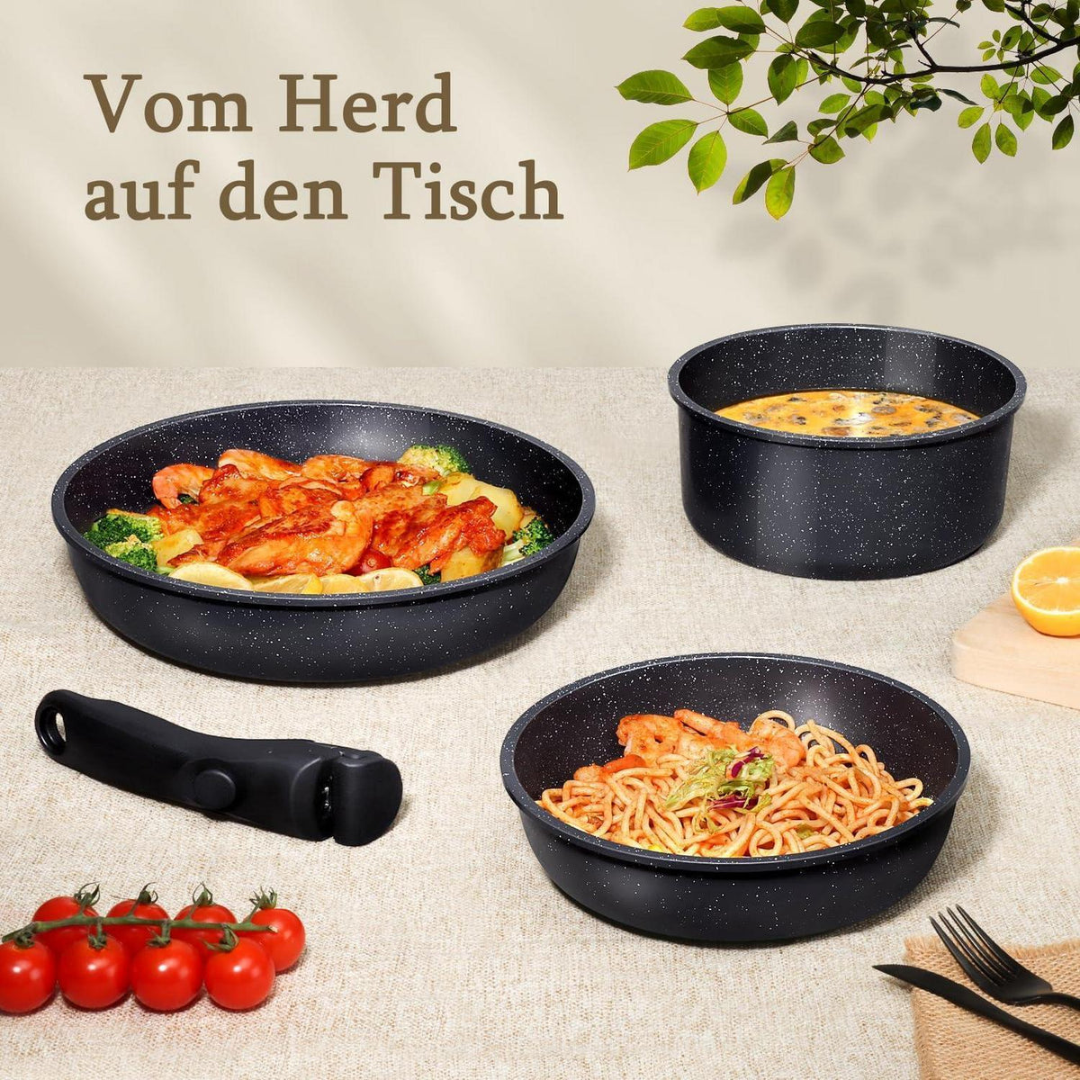 21-teiliges Granit Kochgeschirr Set mit abnehmbaren Griffen