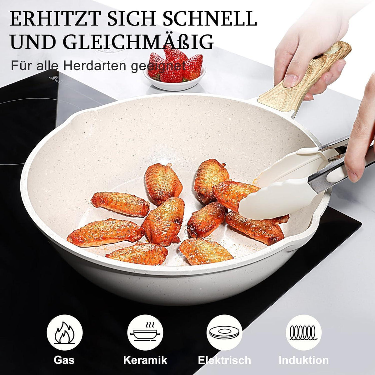 Bratpfanne mit hohem Rand, 30 cm, 5L, Antihaft, Glasdeckel, Induktion