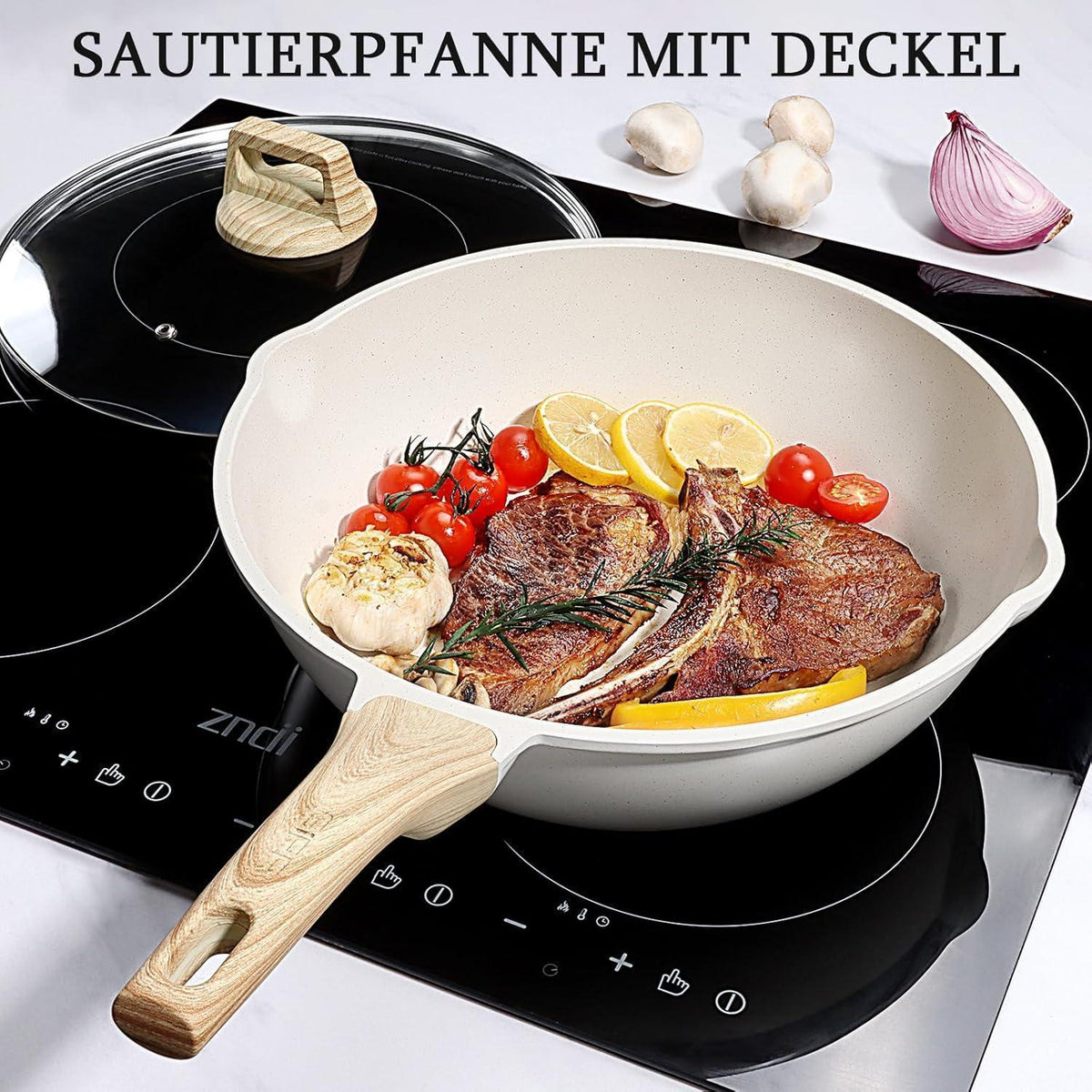 Bratpfanne mit hohem Rand, 30 cm, 5L, Antihaft, Glasdeckel, Induktion
